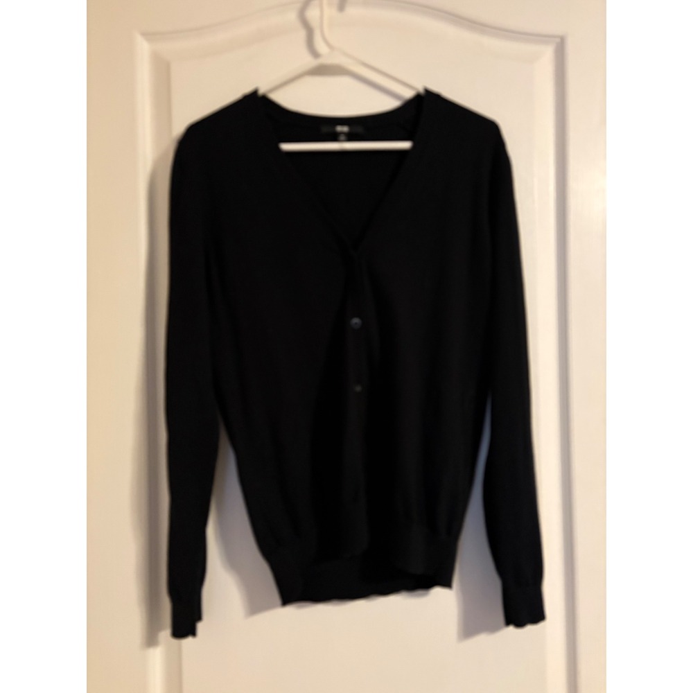 Uniqlo Cardigan Sweater Womens M Black V-Neck Button Front Cotton Knit Academia
